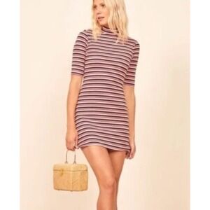 Reformation Mod Striped Mock Neck Mini Dress Short Sleeve Stretch Womens S